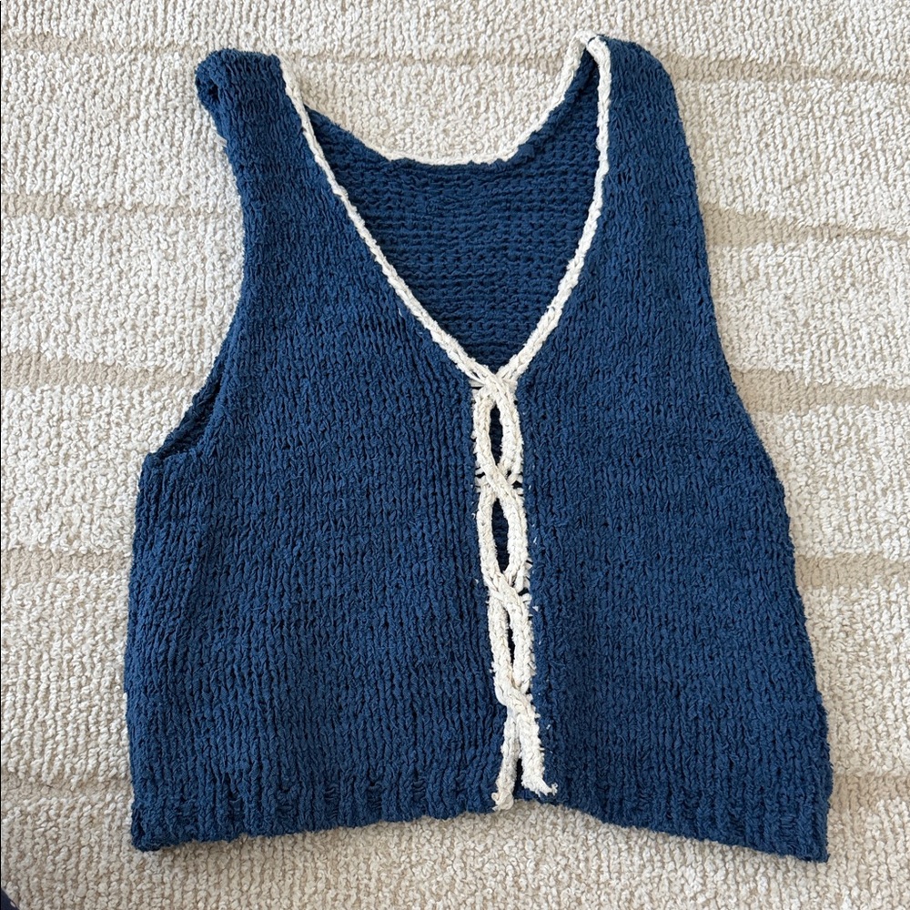 Free People Blue Knit Vest with White Trim